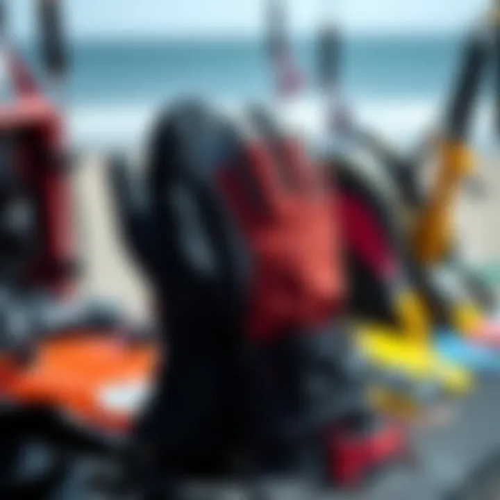 Wetsuit Mittens and Kiteboarding Equipment Wetsuit mittens displayed with kiteboarding gear