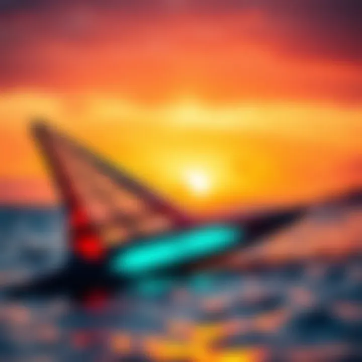 Futuristic windsurf wing design concept set against a vibrant sunset backdrop