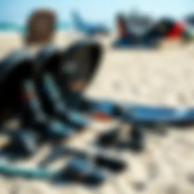 An array of wingboarding equipment laid out on a sandy beach